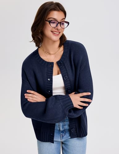 LOMON Womens Chunky Knit Cardigan Oversized Button Front Trend Sweater Tops - color: Navy Blue, size: X-Large
