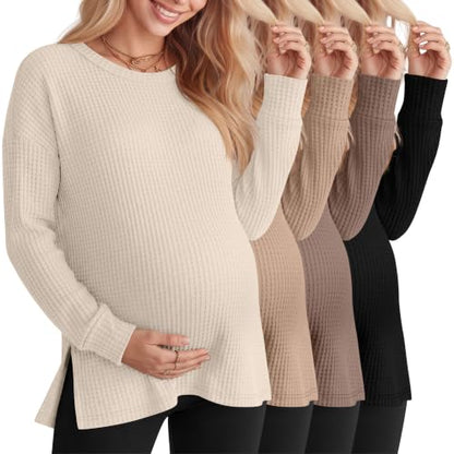 Xaatren 4 Pack Womens Maternity Long Sleeve Shirts Waffle Tops - color: Cream, Light Coffee, Coffee, Black, size: Large