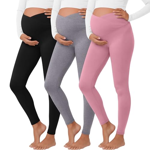 3 Pack Women's Maternity Leggings Pregnancy Pant - color: Black, Mixed Gray, Pink, size: Small
