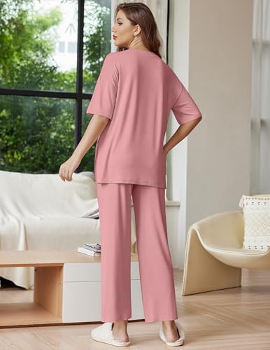 Ekouaer Lounge Sets for Women Soft Comfy Pajama Set 2 Piece Outfits - color: Old Rose, size: Medium