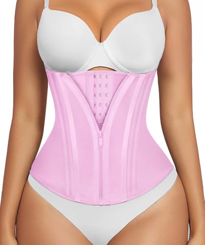 SHAPERX Waist Trainer for Women Corset Shapewear Tummy Control Sport Workout Waist Cincher Body Shaper Zipper and Hooks - color: Pink, size: X-Large