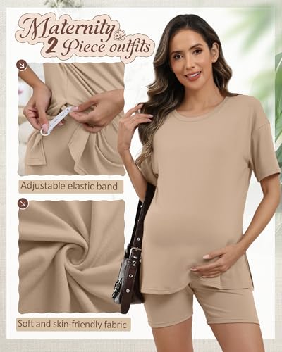 Women's Maternity Pajamas Set 2 Piece Outfits - color: Khaki, size: Large