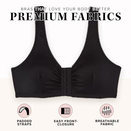 Leading Lady, Marlene, Front-Closure Bra for Women, Wireless, Full Coverage, Wide Straps, Breathable, Unlined, Silky, 36B-52G - color: Black, size: 36B/D