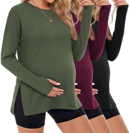 3 Pack Women Maternity Shirts Long Sleeve Pregnancy Tops with Thumb Hole - color: Black/Dark Red/Army Green, size: Medium