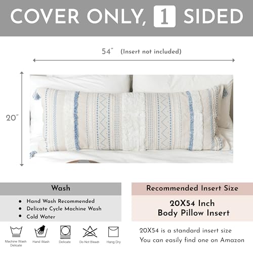 BlissBlush 20X54 Oversized Large Lumbar Pillow Cover for Bed, Rectangular Long Decorative Throw Pillowcase, Cotton Boho Accent Cushion with Blue Tufted Pattern and Tassels, Cream Neutral (Cover Only) - color: Blue, size: 54" x 20" (Pack of 1)