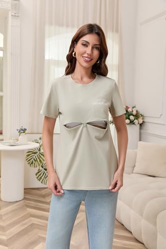 Zipper Breastfeeding Shirts for Women Distressed Maternity Tees with Pocket - color: Celadon Green, size: Medium