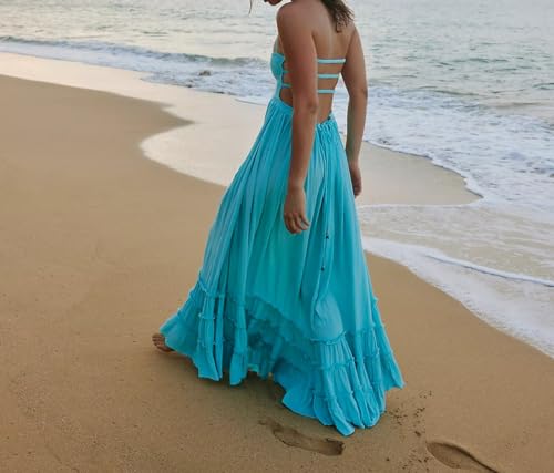 R.Vivimos Womens Summer Boho Sexy Backless Long Dresses - color: Aquablue, size: X-Large