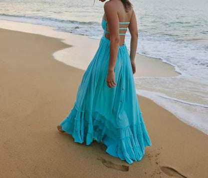 R.Vivimos Womens Summer Boho Sexy Backless Long Dresses - color: Aquablue, size: X-Large