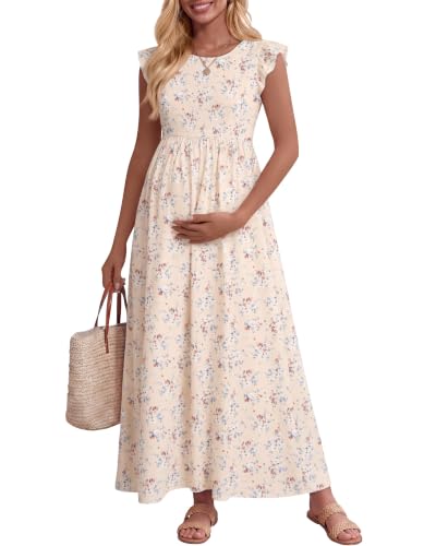 Huukeay Women Maternity Dress Ruffle Sleeve Floral - color: Apricot, size: Medium