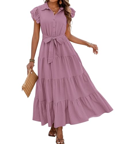 dowerme Women Ruffle Sleeve Button Belted Boho Maxi Dress - color: Light Purple, size: Small