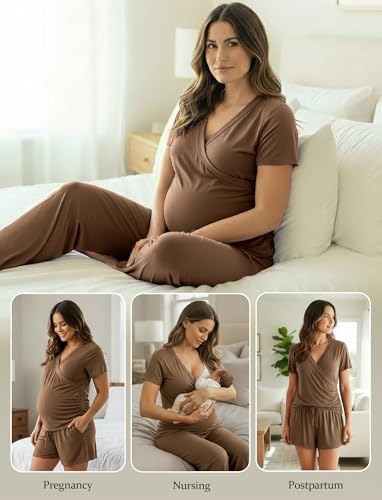PATPAT 3-Piece Maternity Nursing Pajamas, Womens Lounge Set with Pockets - color: Brown, size: Medium
