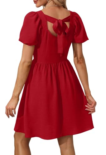 OFEEFAN Women Puff Sleeve Square Neck Tie in Back Dresses with Zipper - color: Red, size: Medium