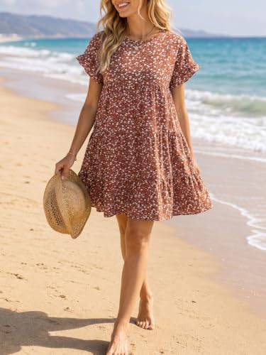 Womens Babydoll Dress Summer Boho Print Ruffles Loose Flowy Mini Dress - color: Brick Red, size: Medium