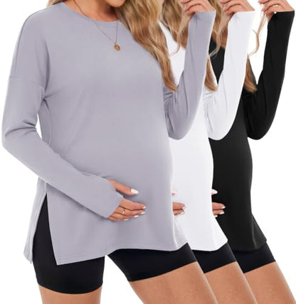 3 Pack Women Maternity Shirts Long Sleeve Pregnancy Tops with Thumb Hole - color: Black/White/Light Grey, size: Medium