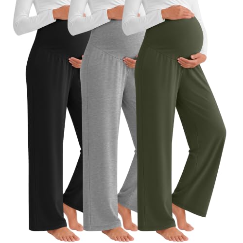 3 Pack Women's Maternity Lounge Pants Soft Sweatpants - color: Army Green, Light Heather Gray, Black, size: Medium
