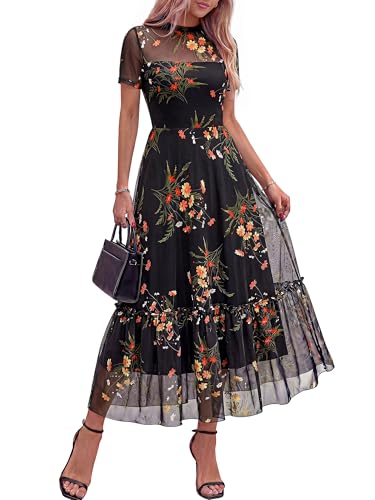 BTFBM Womens Mesh Ruffle Boho Cocktail Dresses - color: Floral Black Yellow, size: XX-Large