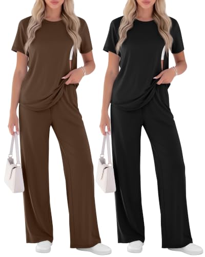 Ficerd 2 Pack Maternity Nursing Pajama Breastfeeding Sets Pjs - color: Brown, Black, size: X-Large