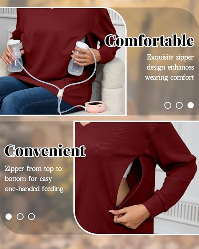 Women’s Waffle Knit Nursing Shirts Regular Fit - color: Wine Red, size: Large