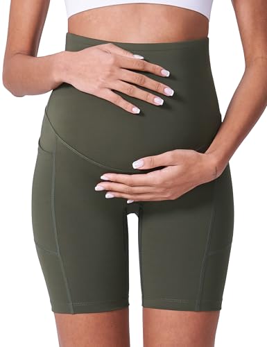 POSHDIVAH 3/4 Pack Maternity Biker Shorts Over The Belly with Pockets 5"/8" - color: Black/Grey/Green 8", size: Small