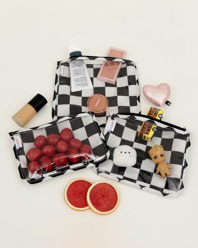 ALVA 3pcs Mess-Proof Travel Pouches,TSA Approved Toiletry Bag,Makeup Bag - color: Black grid