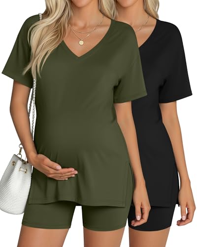 2 Pack Women Maternity Set Pregnancy Outfit - color: Army Green, Black, size: Small