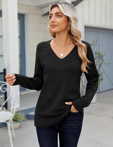 Zeagoo Womens Sweaters Fall Casual Long Sleeve V Neck Shirts Lightweight Crochet Ribbed Knit Pullover Tops Outfits - color: Black, size: Medium