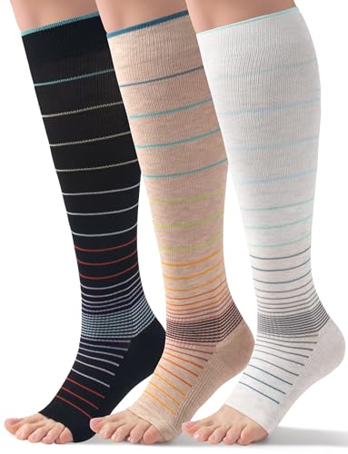 Bamboo Viscose Toeless Compression Socks Women & Men for Summer - Cooling Open Toe Knee High Support Socks, 18-25 mmHg - color: 3 Pairs - Classic Stripes, size: XX-Large