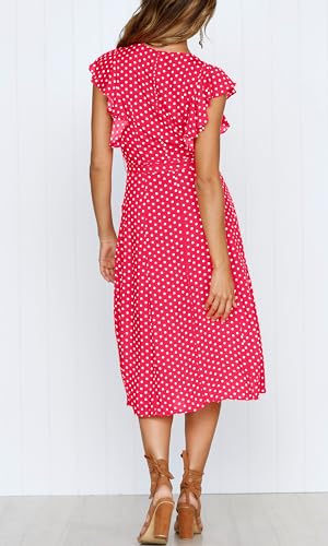 MITILLY Women's Boho Polka Dot Flutter Short Sleeve V Neck Button Down Swing Midi Dress with Pockets - color: 11 Rose, size: Small