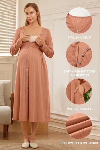 OUGES Cotton Blend Maternity Pajamas Nightgown Button Down Nursing Gown Labor Delivery Breastfeeding Dress with Pockets - color: Brick Red, size: Medium
