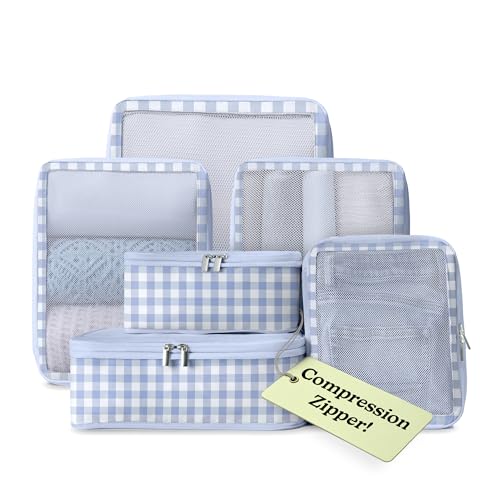 Vandel Space-Saving Compression Packing Cubes for Women 6-Pack Compressible - color: 1. Blue Gingham, size: 6 Pack (Compression)