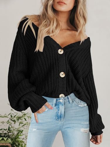 PRETTYGARDEN Women's Chunky Knit Open Front Cardigan Sweaters Fall Outfits - color: Black, size: Large