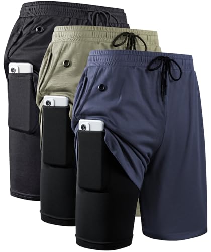 JWJ Men's 2 in 1 Workout Running Shorts 7 Inch Lightweight Athletic Gym Shorts with Compression Liner - color: 3 Pack Black / Army / Navy, size: Large
