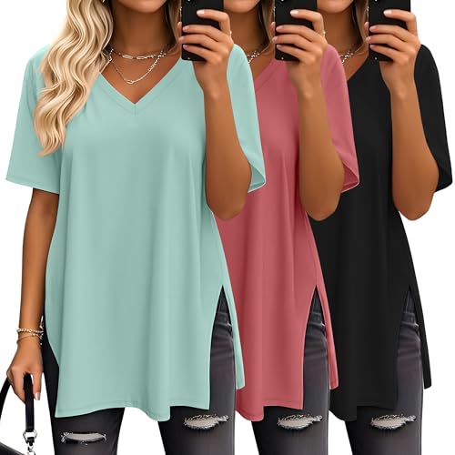 Huukeay 3 Pack Oversized Shirts for Women V Neck - color: Black, Gray Green, Brick Red, size: Medium