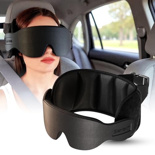 SARISUN Travel Pillow for Car Trip Head Strap for Headrest with 3D Eye Mask - color: Black-for Car Seat