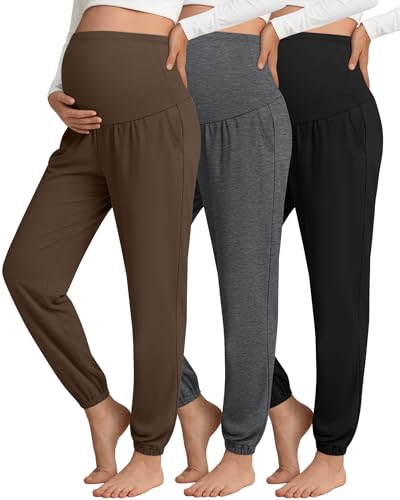 3 Pack Women's Maternity Jogger Pregnancy Sweatpants - color: Brown, Dark Gray, Black, size: Small