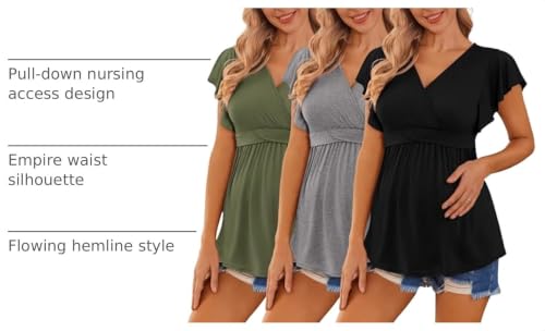 Ekouaer Maternity Shirts 3 Packs Nursing Tops Pregnancy Clothes - color: Army Green + Grey + Black(3pcs), size: Medium