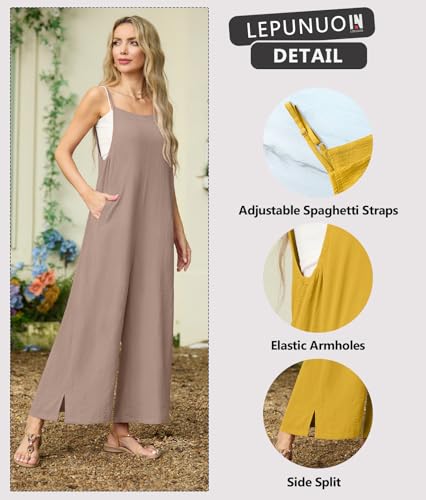 Lepunuo Womens Casual Loose Jumpsuits Summer Boho Wide Leg Rompers Sleeveless Overalls with Pockets - color: A - Apricot, size: Medium