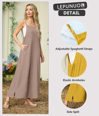 Lepunuo Womens Casual Loose Jumpsuits Summer Boho Wide Leg Rompers Sleeveless Overalls with Pockets - color: A - Apricot, size: Medium