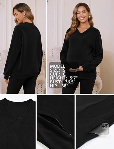 Bhome Fleece Breastfeeding Shirts Hidden Zipper Nursing Tops Pumping Friendly Sweatshirt Oversized Pullover with Pockets - color: Black, size: Medium
