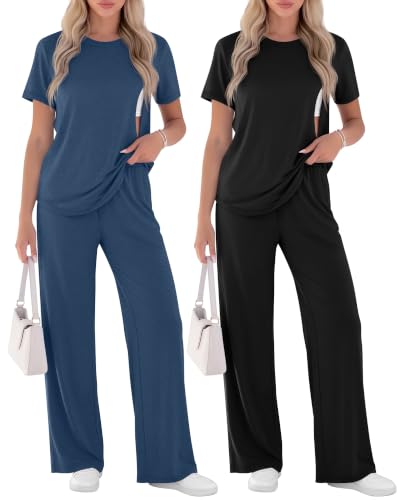 Ficerd 2 Pack Maternity Nursing Pajama Breastfeeding Sets Pjs - color: Blue, Black, size: Small