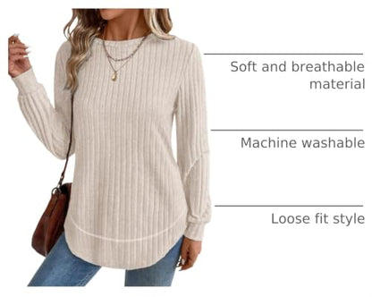 OFEEFAN Womens Sweaters Crew Neck Tunic Tops Long Sleeve Shirts Curved Hem - color: A-khaki, size: Medium