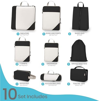 Compression Travel Packing Cubes with White Mesh, Black, 10Pcs - color: Black, size: Set of 10
