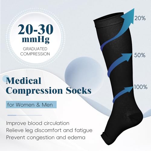 2 Pairs 20-30mmHg Knee High Compression Socks for Women, Open Toe - color: Black, size: X-Large