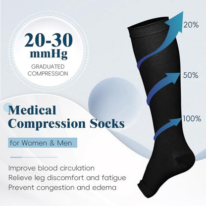 2 Pairs 20-30mmHg Knee High Compression Socks for Women, Open Toe - color: Black, size: Medium