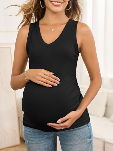 FMEYOA Maternity Tank Tops V Neck Ribbed Knit Sleeveless Maternity Shirts - color: Black, size: Small
