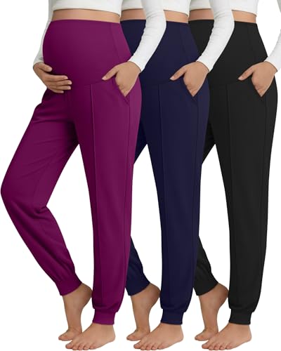 Oakgarden 3 Pack Women's Maternity Pants Over the Belly Joggers - color: Black, Navy Blue, Fuchsia, size: Small