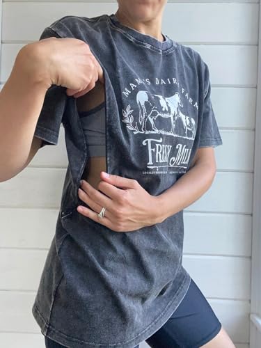 Comfort Breastfeeding Shirts Women Distressed Maternity Zip Nursing Tees - color: Gray, size: Large