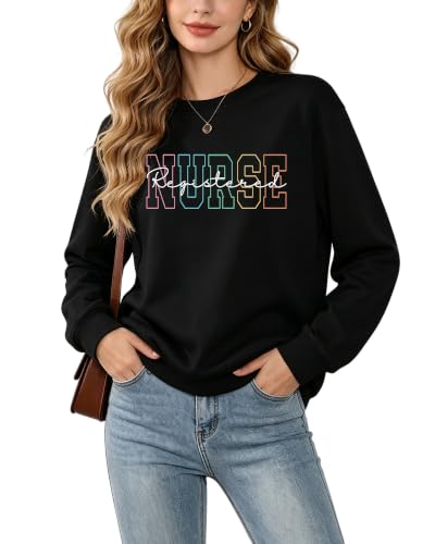 Registered Nurse Sweatshirt Women RN Nurse Long Sleeve Graphic Shirts - color: Black, size: Medium