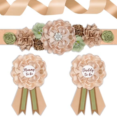 Baby Shower Maternity Sash Belly Belt, Mom to Be Sash Daddy to Be Corsage Pin Safair Woodland Baby Shower Decorations, Pregnancy Photo Props Supplies, Gender Reveal - color: Green