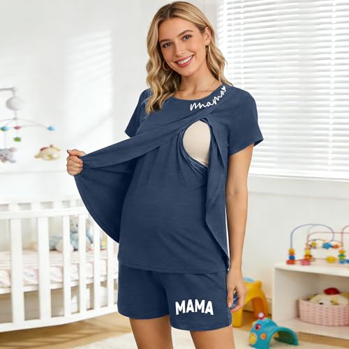 Maternity Nursing 2 Piece Pajama Set Double Layer Breastfeeding Sleepwear - color: A-blue, size: Large